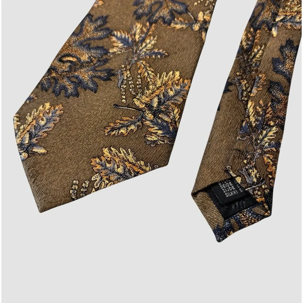 Tango By Max Raab 100% Silk Fall Autumn Tie Brown Blue Oak Leaves Acorns